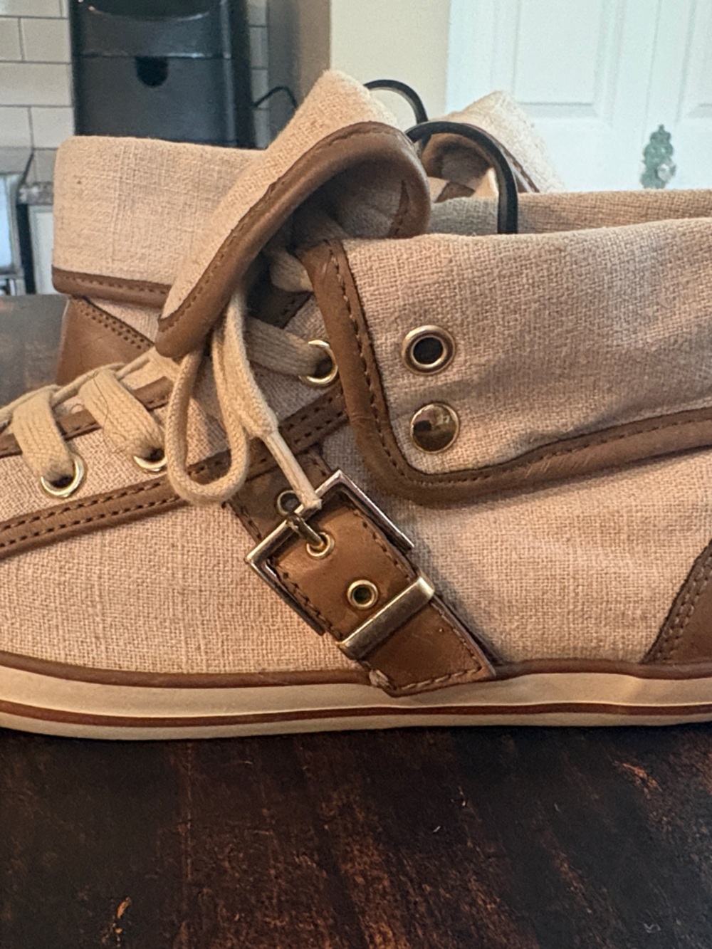 Aldo Beige Canvas and Brown Trim Ankle Booties